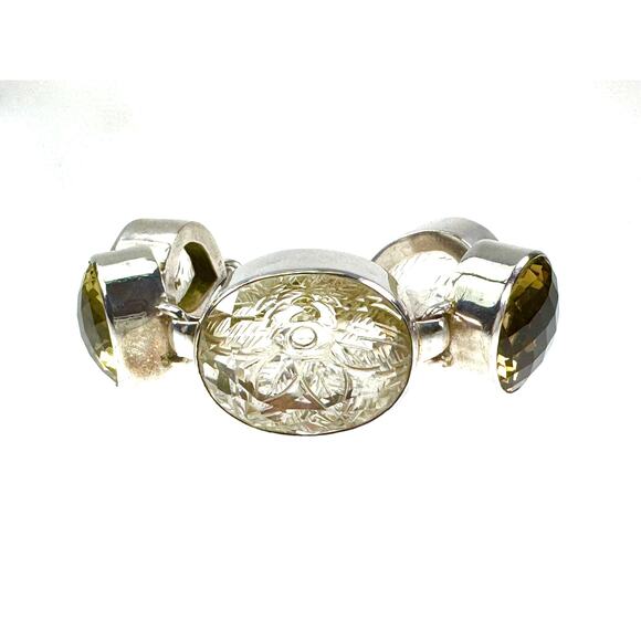 Carved Quartz Chunky Bracelet  Faceted Lemon Citrine Sterling Silver Bracelet - Picture 2 of 7
